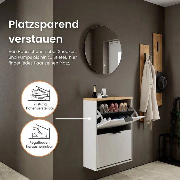 Meuble à chaussures STIVIO à 2 portes, blanc et gris, 60 cm, miroir rond à LED sans cadre (2 intensités déclairage)
