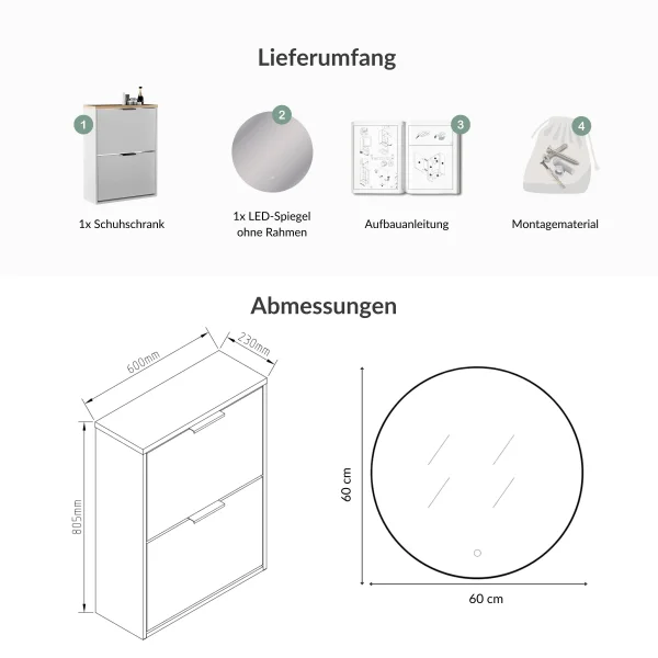 Meuble à chaussures STIVIO à 2 portes, blanc et gris, 60 cm, miroir rond à LED sans cadre (2 intensités déclairage)