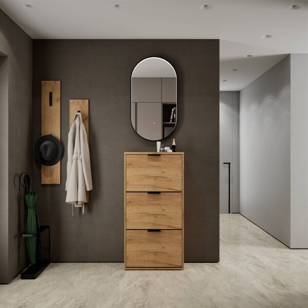 Schuhschrank STIVIO 3 Klappen Gold Eiche 60 cm, LED Spiegel oval mit Rahmen (3 Lichtstufen)