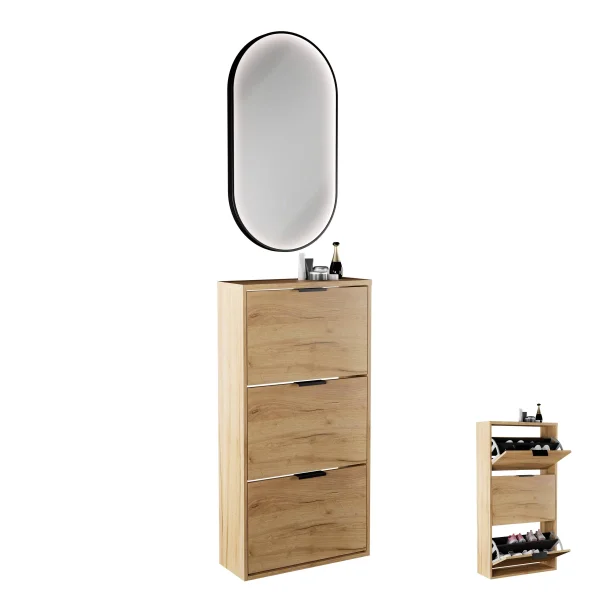Meuble à chaussures STIVIO à 3 portes, chêne doré, 60 cm, miroir ovale à LED avec cadre (3 intensités déclairage)