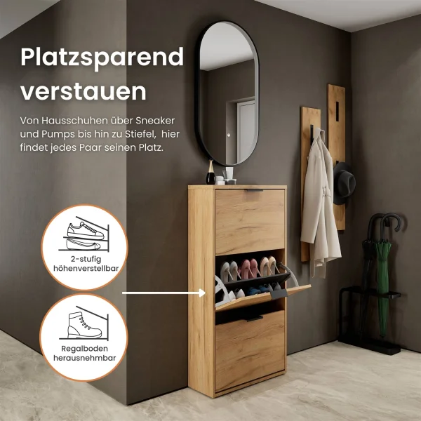 Meuble à chaussures STIVIO à 3 portes, chêne doré, 60 cm, miroir ovale à LED avec cadre (3 intensités déclairage)