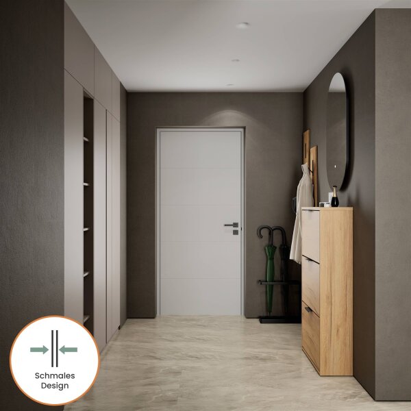 Schuhrank STIVIO 3 Klappen Gold Eiche 60 cm, LED Spiegel oval ohne Rahmen (2 Lichtstufen)