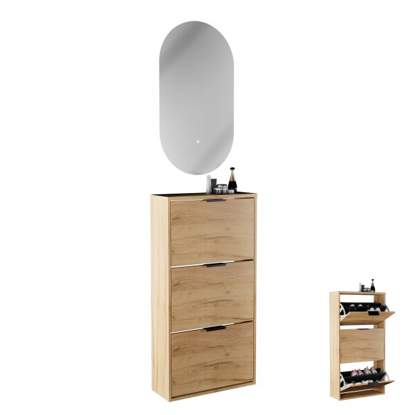 Schuhschrank STIVIO 3 Klappen Gold Eiche 60 cm, LED Spiegel oval ohne Rahmen (2 Lichtstufen)