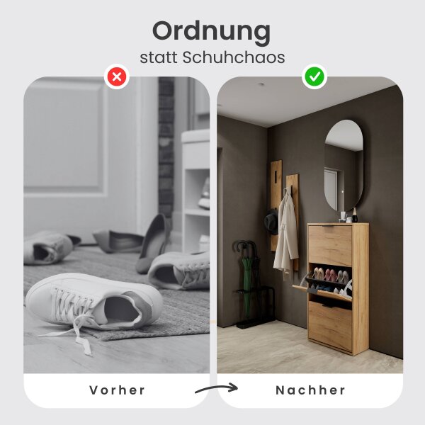 Schuhschrank STIVIO 3 Klappen Gold Eiche 60 cm, LED Spiegel oval ohne Rahmen (2 Lichtstufen)