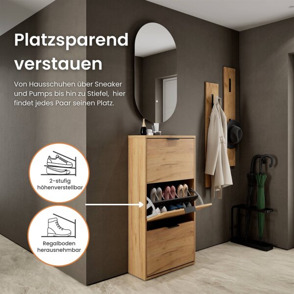 Schuhschrank STIVIO 3 Klappen Gold Eiche 60 cm, LED Spiegel oval ohne Rahmen (2 Lichtstufen)