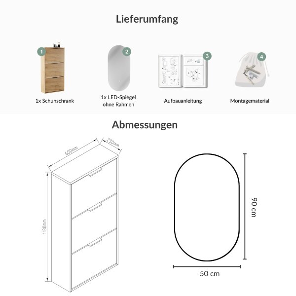 Schuhschrank STIVIO 3 Klappen Gold Eiche 60 cm, LED Spiegel oval ohne Rahmen (2 Lichtstufen)