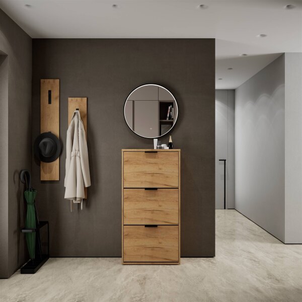 Schuhrank STIVIO 3 Klappen Gold Eiche 60 cm, LED Spiegel rund mit Rahmen (3 Lichtstufen)