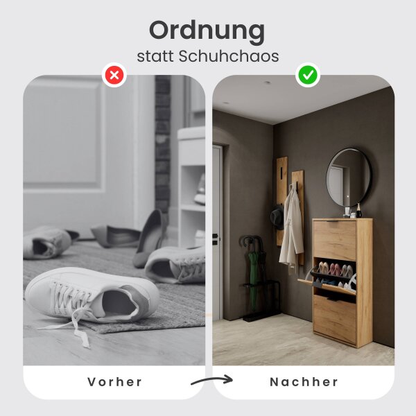 Schuhrank STIVIO 3 Klappen Gold Eiche 60 cm, LED Spiegel rund mit Rahmen (3 Lichtstufen)