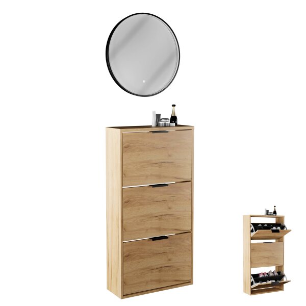 Schuhschrank STIVIO 3 Klappen Gold Eiche 60 cm, LED Spiegel rund mit Rahmen (3 Lichtstufen)