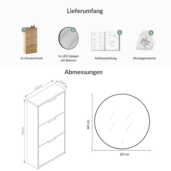 Schuhschrank STIVIO 3 Klappen Gold Eiche 60 cm, LED Spiegel rund mit Rahmen (3 Lichtstufen)