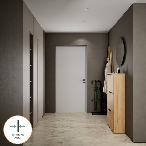 Schuhrank STIVIO 2 Klappen Gold Eiche 60 cm, LED Spiegel rund ohne Rahmen (2 Lichtstufen)