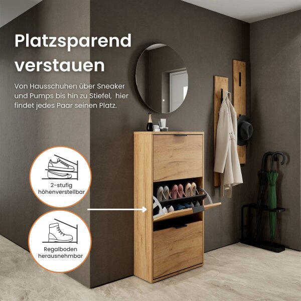 Schuhrank STIVIO 2 Klappen Gold Eiche 60 cm, LED Spiegel rund ohne Rahmen (2 Lichtstufen)