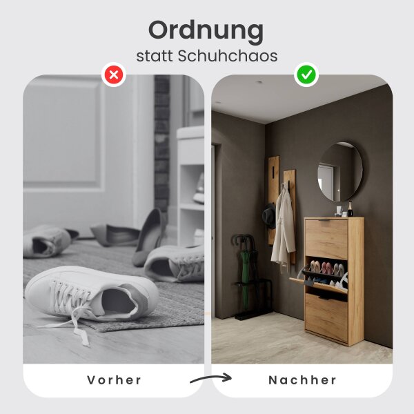 Schuhschrank STIVIO 2 Klappen Gold Eiche 60 cm, LED Spiegel rund ohne Rahmen (2 Lichtstufen)