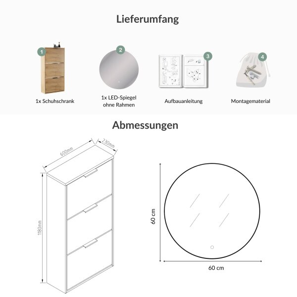 Schuhschrank STIVIO 2 Klappen Gold Eiche 60 cm, LED Spiegel rund ohne Rahmen (2 Lichtstufen)