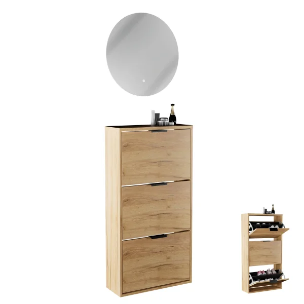 Armario para zapatos STIVIO con 2 puertas abatibles, roble dorado, 60 cm, espejo redondo con LED sin marco (2 intensidades de luz)