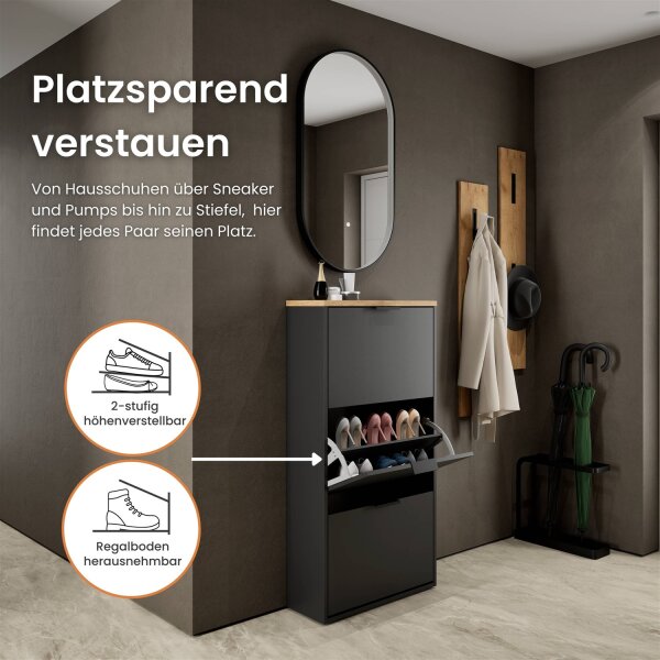 Schuhrank STIVIO 3 Klappen Schwarz 60 cm, LED Spiegel oval mit Rahmen (3 Lichtstufen)