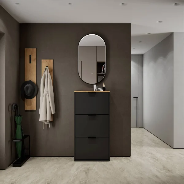 Armario para zapatos STIVIO con 3 puertas abatibles, negro, 60 cm; espejo LED ovalado con marco (3 intensidades de luz)