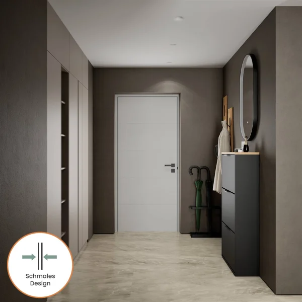 Armario para zapatos STIVIO con 3 puertas abatibles, negro, 60 cm; espejo LED ovalado con marco (3 intensidades de luz)