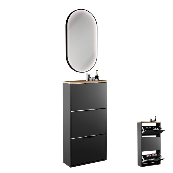 Schuhschrank STIVIO 3 Klappen Schwarz 60 cm, LED Spiegel oval mit Rahmen (3 Lichtstufen)