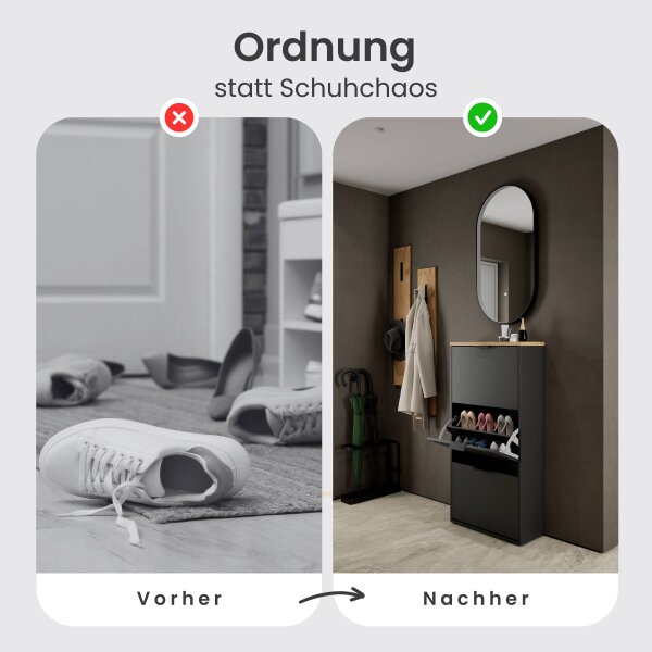 Schuhschrank STIVIO 3 Klappen Schwarz 60 cm, LED Spiegel oval mit Rahmen (3 Lichtstufen)