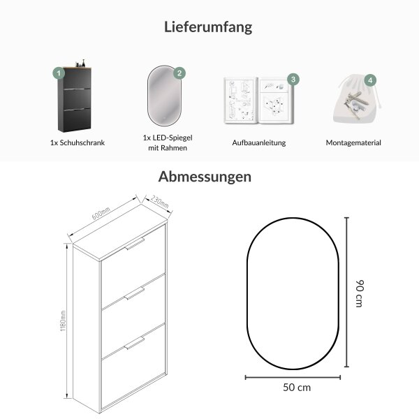 Schuhschrank STIVIO 3 Klappen Schwarz 60 cm, LED Spiegel oval mit Rahmen (3 Lichtstufen)