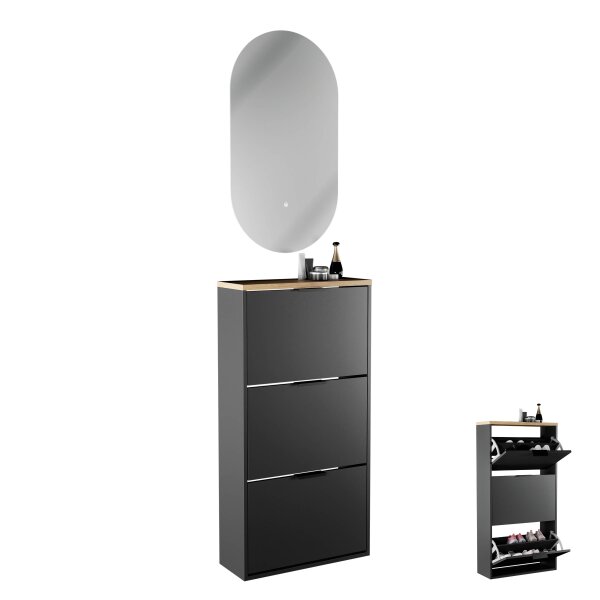 Schuhrank STIVIO 3 Klappen Gold Eiche 60 cm, LED Spiegel oval ohne Rahmen (2 Lichtstufen)