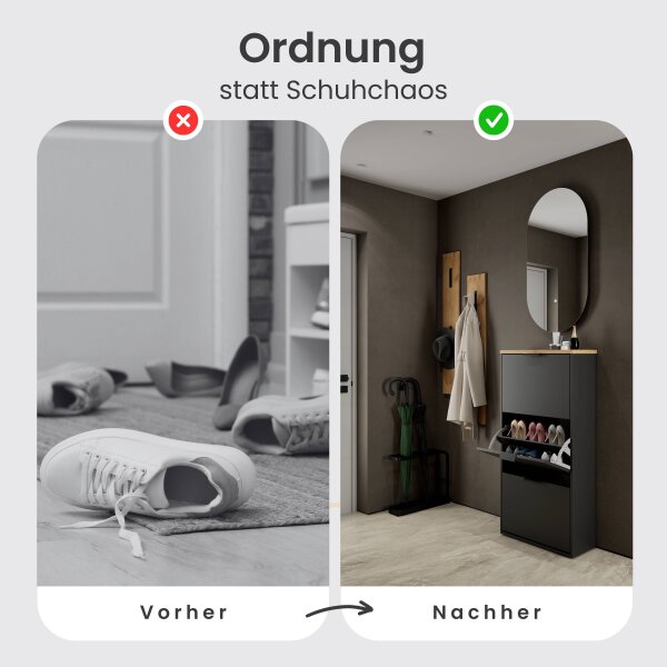 Schuhrank STIVIO 3 Klappen Gold Eiche 60 cm, LED Spiegel oval ohne Rahmen (2 Lichtstufen)