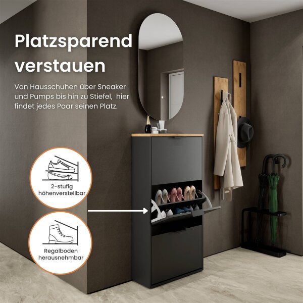 Schuhrank STIVIO 3 Klappen Gold Eiche 60 cm, LED Spiegel oval ohne Rahmen (2 Lichtstufen)