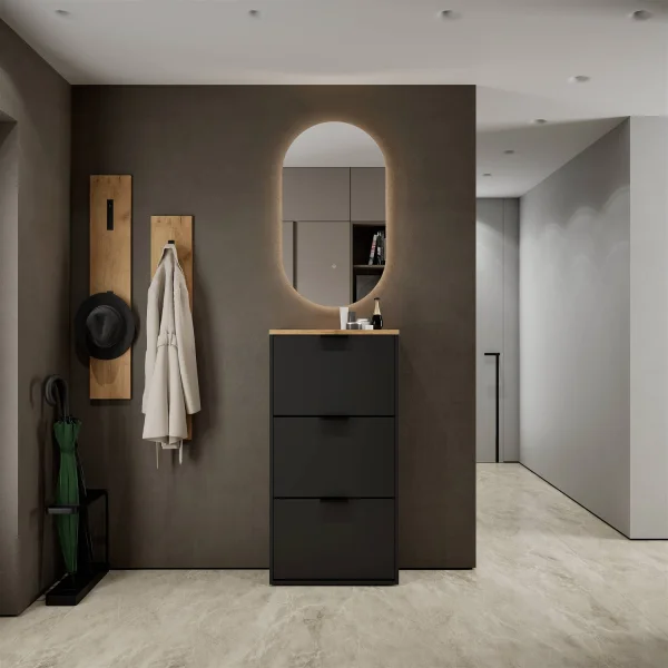 Scarpiera STIVIO a 3 ante, rovere dorato, 60 cm, specchio ovale a LED senza cornice (2 livelli di illuminazione)
