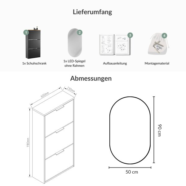 Schuhschrank STIVIO 3 Klappen Gold Eiche 60 cm, LED Spiegel oval ohne Rahmen (2 Lichtstufen)