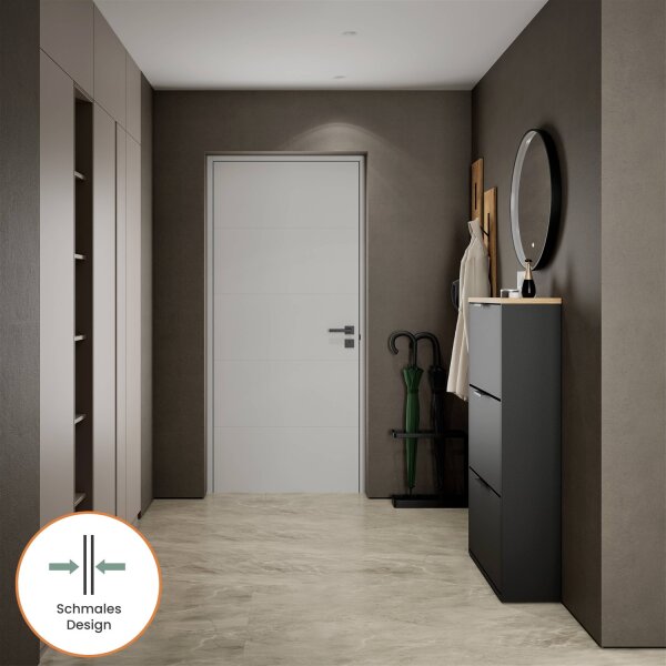 Schuhrank STIVIO 3 Klappen Schwarz 60 cm, LED Spiegel rund mit Rahmen (3 Lichtstufen)