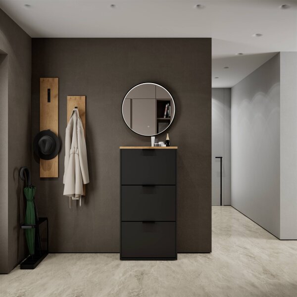 Schuhschrank STIVIO 3 Klappen Schwarz 60 cm, LED Spiegel rund mit Rahmen (3 Lichtstufen)
