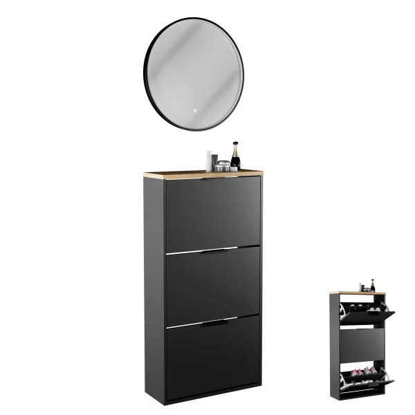 Armario para zapatos STIVIO con 3 puertas abatibles, negro, 60 cm; espejo redondo con LED y marco (3 intensidades de luz)