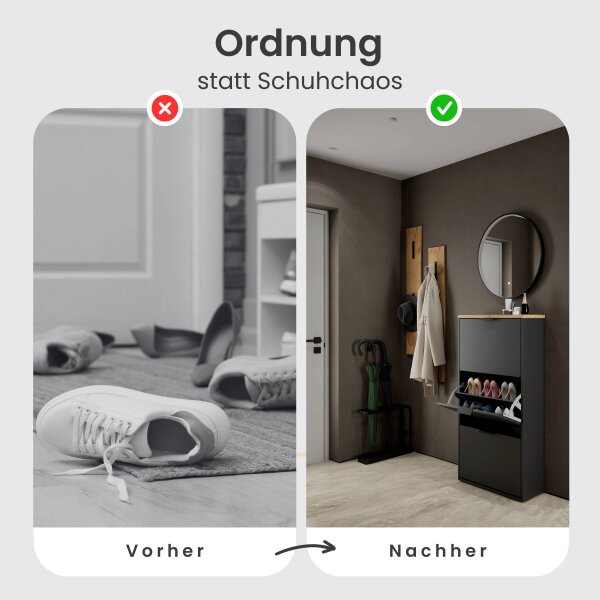 Schuhschrank STIVIO 3 Klappen Schwarz 60 cm, LED Spiegel rund mit Rahmen (3 Lichtstufen)