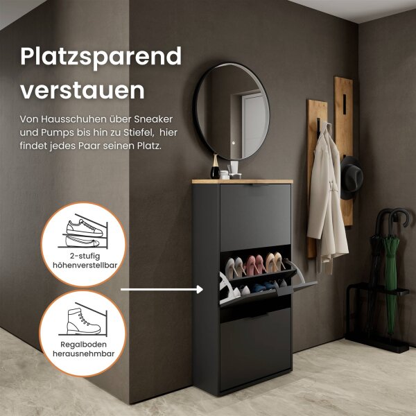 Schuhschrank STIVIO 3 Klappen Schwarz 60 cm, LED Spiegel rund mit Rahmen (3 Lichtstufen)