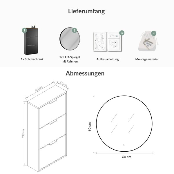 Schuhschrank STIVIO 3 Klappen Schwarz 60 cm, LED Spiegel rund mit Rahmen (3 Lichtstufen)