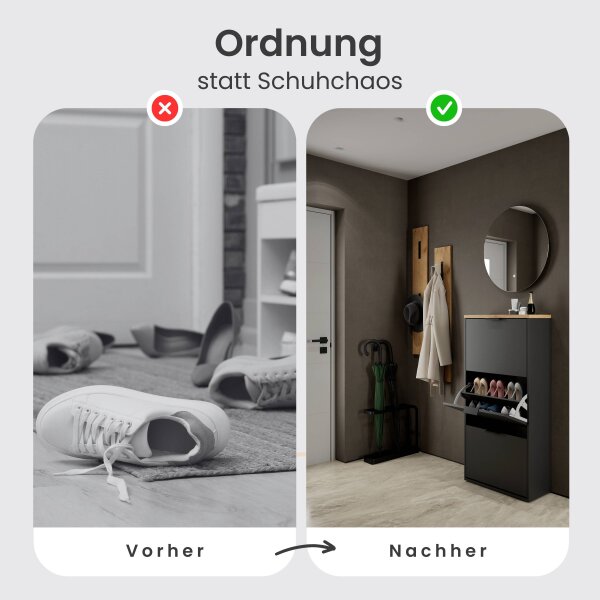 Schuhrank STIVIO 2 Klappen Schwarz 60 cm, LED Spiegel rund ohne Rahmen (2 Lichtstufen)