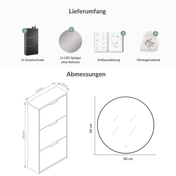 Schuhrank STIVIO 2 Klappen Schwarz 60 cm, LED Spiegel rund ohne Rahmen (2 Lichtstufen)