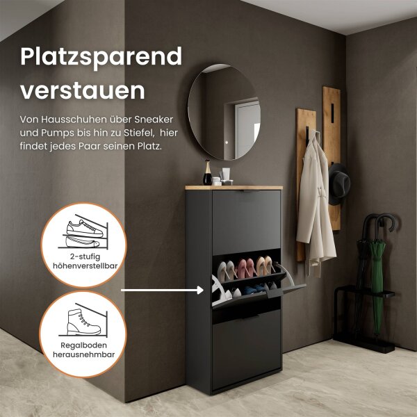 Schuhschrank STIVIO 2 Klappen Schwarz 60 cm, LED Spiegel rund ohne Rahmen (2 Lichtstufen)