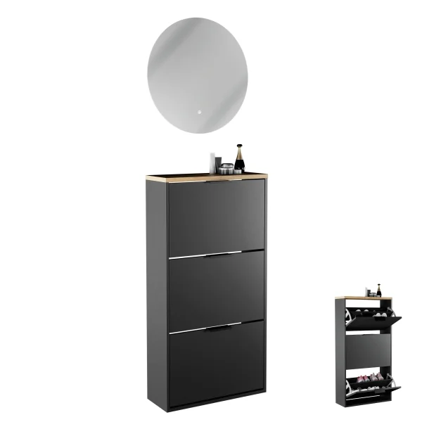Armario para zapatos STIVIO con 2 puertas abatibles, negro, 60 cm; espejo redondo con LED sin marco (2 intensidades de luz)