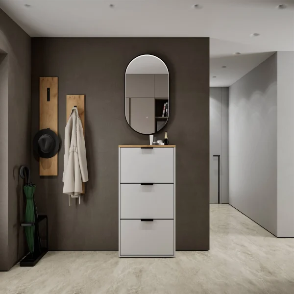 Armario para zapatos STIVIO con 3 puertas abatibles, blanco y gris, 60 cm, espejo LED ovalado con marco (3 intensidades de luz)