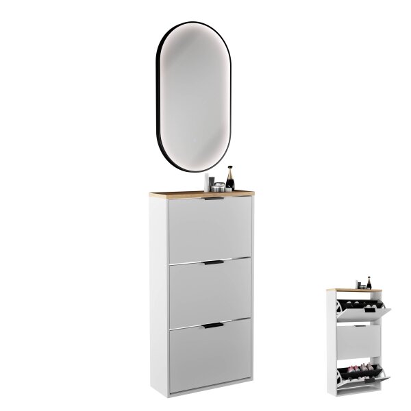 Schuhschrank STIVIO 3 Klappen Weiß Grau 60 cm, LED Spiegel oval mit Rahmen (3 Lichtstufen)
