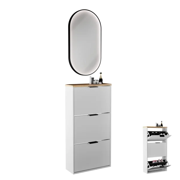 Armario para zapatos STIVIO con 3 puertas abatibles, blanco y gris, 60 cm, espejo LED ovalado con marco (3 intensidades de luz)