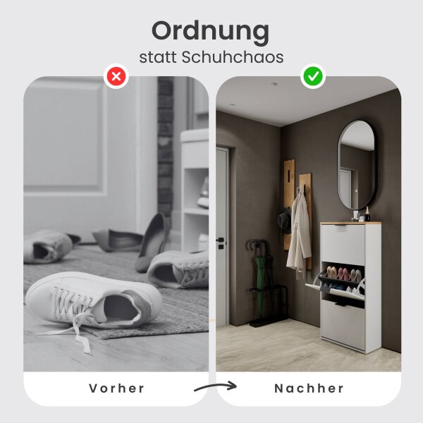 Schuhschrank STIVIO 3 Klappen Weiß Grau 60 cm, LED Spiegel oval mit Rahmen (3 Lichtstufen)