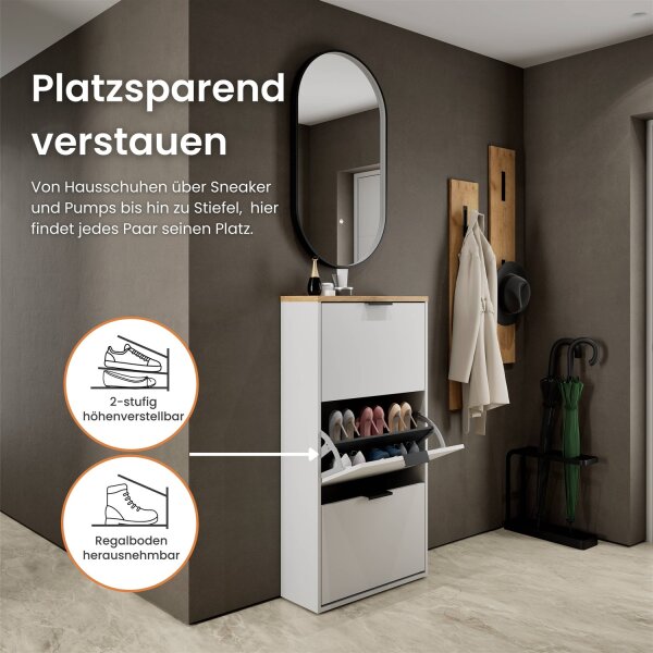 Schuhschrank STIVIO 3 Klappen Weiß Grau 60 cm, LED Spiegel oval mit Rahmen (3 Lichtstufen)