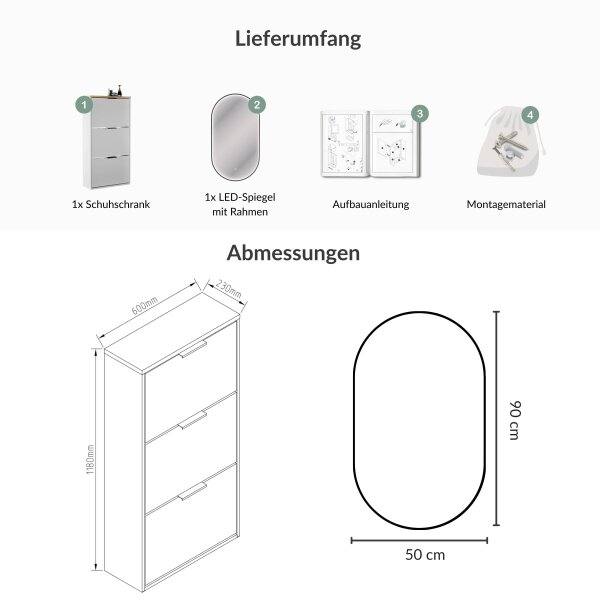 Schuhschrank STIVIO 3 Klappen Weiß Grau 60 cm, LED Spiegel oval mit Rahmen (3 Lichtstufen)
