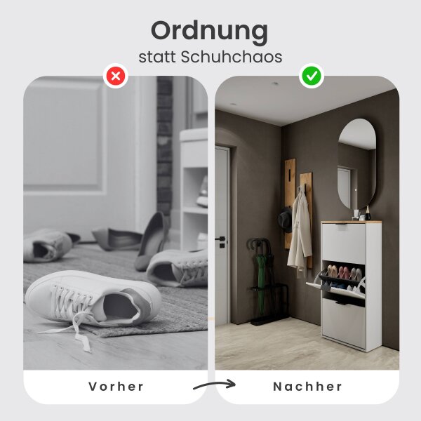 Schuhrank STIVIO 3 Klappen Gold Eiche 60 cm, LED Spiegel oval ohne Rahmen (2 Lichtstufen)