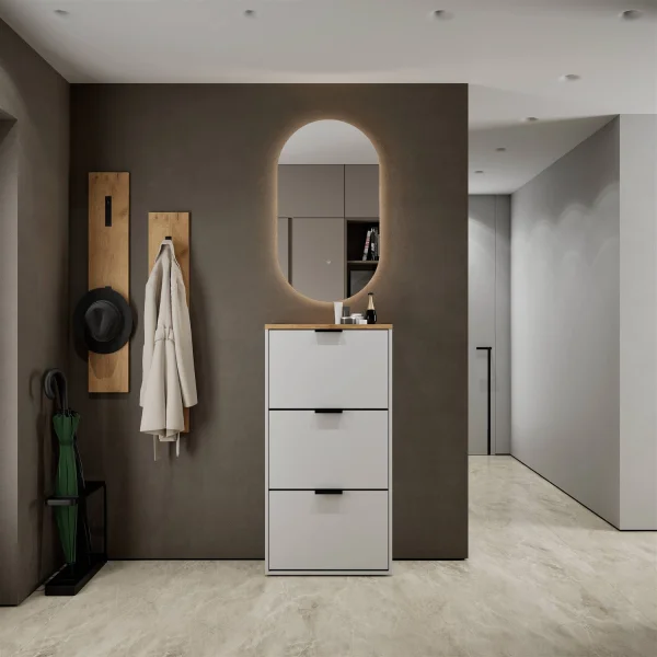 Armario para zapatos STIVIO con 3 puertas abatibles, roble dorado, 60 cm, espejo LED ovalado sin marco (2 intensidades de luz)