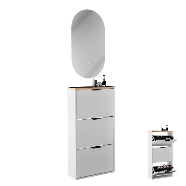 Schuhschrank STIVIO 3 Klappen Gold Eiche 60 cm, LED Spiegel oval ohne Rahmen (2 Lichtstufen)