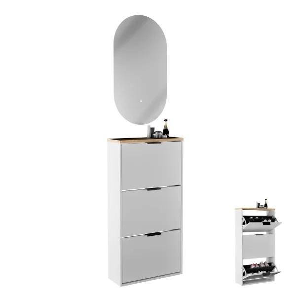 Armario para zapatos STIVIO con 3 puertas abatibles, roble dorado, 60 cm, espejo LED ovalado sin marco (2 intensidades de luz)
